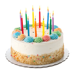 Birthday cake with candles colorful frosting Delicious dessert Festive treat Studio shot Isolated on white background