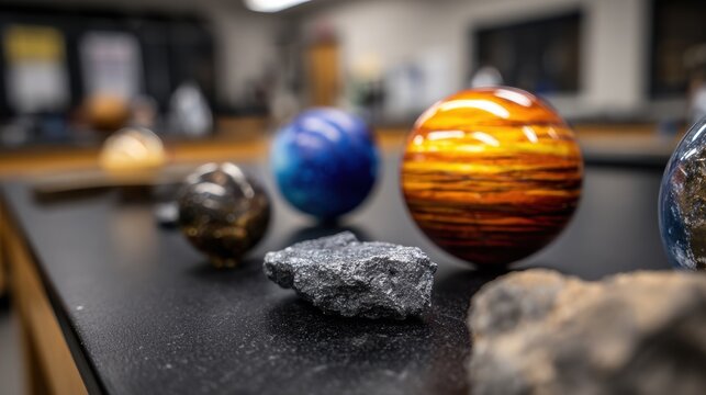 Colorful planetary models displayed on a lab table, showcasing a science classroom's educational setup