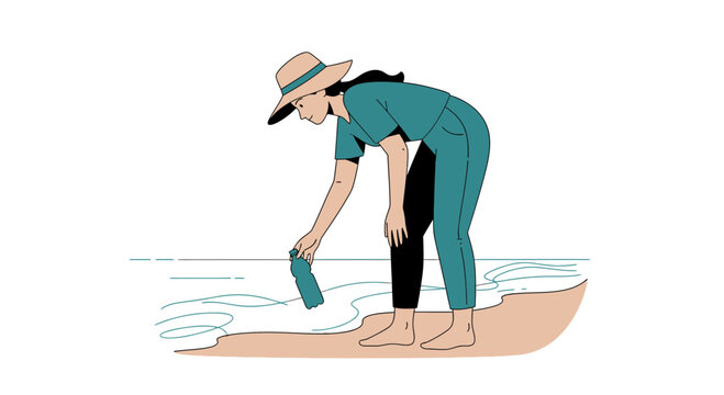 Woman Cleaning Beach, Collecting Plastic Bottle, Demonstrating Environmental Responsibility