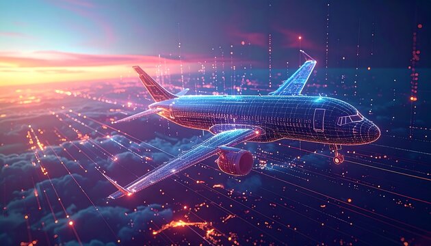 Futuristic airplane over city at sunset - Powered by Adobe