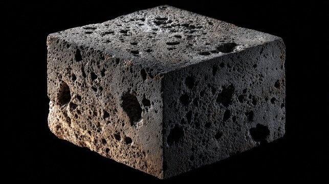 Concrete block with visible pores and rough edges, studio lighting, high detail, construction material close-up