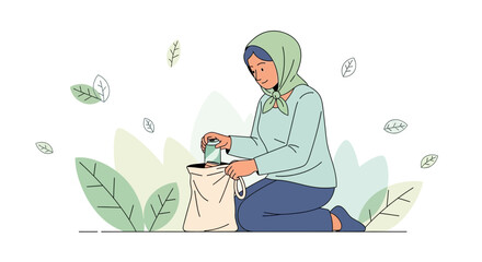 Woman Placing Glass Jar In Bag Amidst Greenery, Sustainability Awareness Concept