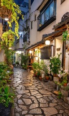 Obraz premium A charming, cobblestone alleyway in a Japanese neighborhood, adorned with lush greenery and warm evening light, showcasing traditional architecture.