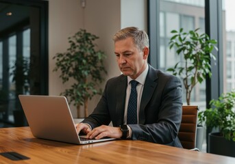 Focused businessman in a suit working diligently on his laptop at a wooden desk in a bright modern office setting with lush greenery