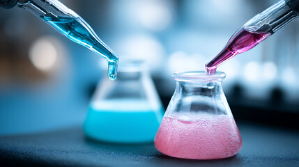 Scientific experiment with pipettes adding blue and pink liquids into glass flasks