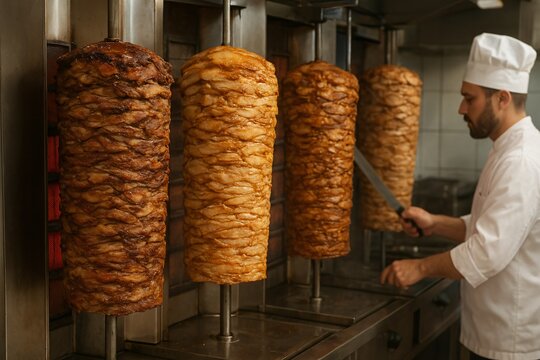 Chef preparing vertical roasted meat doner kebab in commercial kitchen