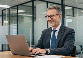Fototapeta premium Smiling businessman in a modern office environment typing on a laptop computer with a professional demeanor