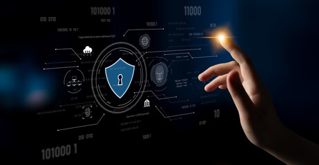 Cyber security interface with biometric and AI-powered protection system. Cyber security secures...