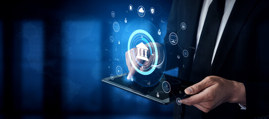 A global FinTech and digital banking network technology concept. A central financial system connected to the worldwide digital economy and services. Motif