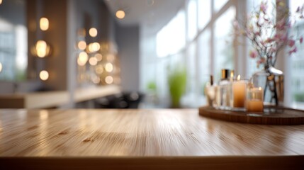 Polished table surface in beauty salon spa environment. Blurred interior background