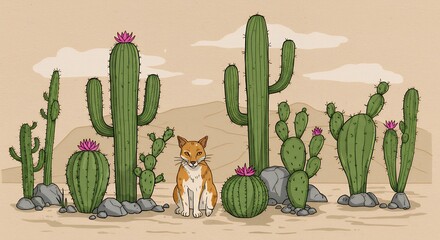 Desert landscape with cactus and cat