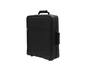 A black suitcase with wheels and a handle, isolated on a transparent background