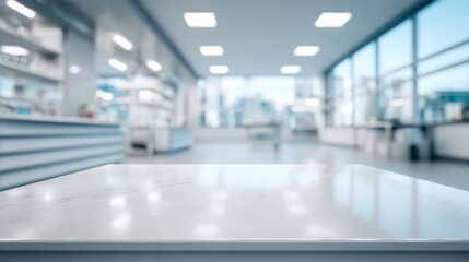 Fototapeta premium White table surface with blurred modern medical clinic background