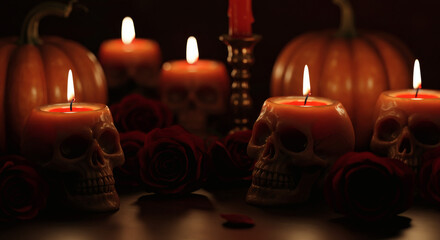Close-up of Halloween candles flickering, skull-shaped candle holders, gothic style, pumpkins and dark roses around, soft shadows, moody lighting