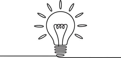 Single continuous line drawing of a light bulb with radiating lines idea innovation