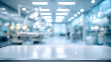 Fototapeta premium White table surface with blurred modern medical clinic background