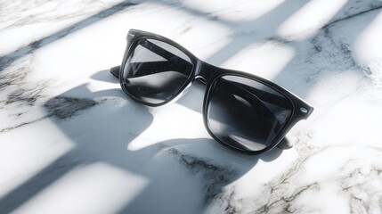 Stylish Black Sunglasses on Marble Surface with Sunlight and Shadow