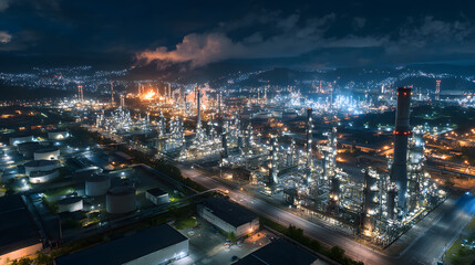 Aerial view oil and gas refinery plant at night, Global business energy logistic transportation, Oil and gas refinery petrochemical industrial, Petrochemical refinery industrial energy supply chain.