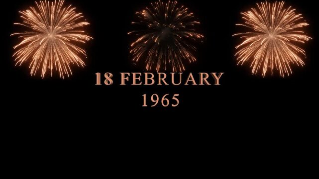 A captivating display of fireworks illuminates the night sky, commemorating the date of 18 February 1965, a significant moment in history, with vibrant colors and dazzling patterns