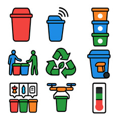 Modern Recycling Icons. Flat vector icons of waste sorting and recycling systems: sensor bin with lid icon, motion-detecting smart