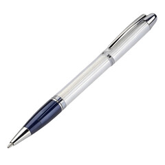Silver ballpoint pen Blue accent Modern office supply Business writing tool Isolated on white background