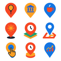 Colorful Navigation Icons. Flat vector icons of navigation pins: event location pin with balloon, museum icon inside pin, coffee