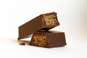 Chocolate Wafer Snack Bars. Two chocolate wafer snack bars stacked on white background.