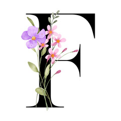 Floral alphabet, letter F with watercolor wild flowers. Monogram initials perfectly for wedding invitations, greeting card, logo, poster and other design. Hand painting.