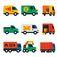 Vivid Vehicle Icons. Flat vector icons of van, truck and lorry: compact food delivery van, armored cash transport truck, moving