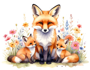 Fototapeta premium Family Day Fox Watercolor Scene PNG