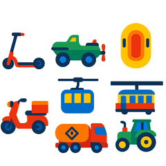 Fototapeta premium Bold Transport Icons. Flat vector icons of transportation: scooter with wide deck, amphibious vehicle with wheels and propellers,