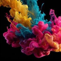 Vibrant yellow, cyan, and magenta ink clouds swirling in water against a black background.