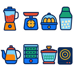 Modern Kitchen Icons. Flat vector icons of kitchen appliances: smoothie maker, kitchen scale, electric egg cooker. Garlic chopper,