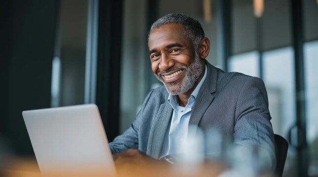 Smiling black mature adult business man executive sitting at desk using laptop. Happy busy professional mid aged businessman ceo manager working on computer corporate technology in office