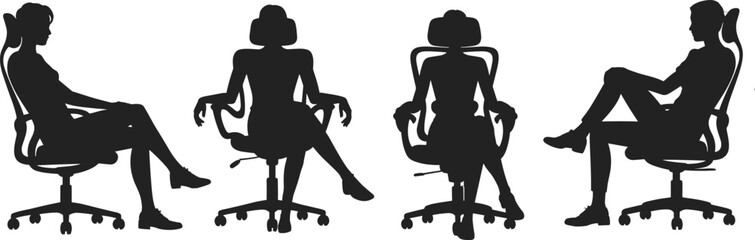 Business professionals sitting in ergonomic office chairs, workplace posture, silhouette concept, modern furniture, corporate environment, seated positions, mobility, comfort
