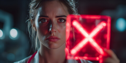 The doctor holding a red X sign indicating a wrong diagnosis or rejection