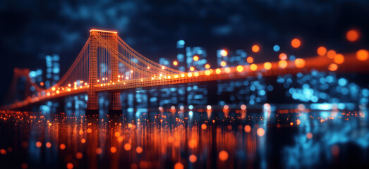 Futuristic bridge illuminated with glowing lights over reflective water at night, flat lay composition