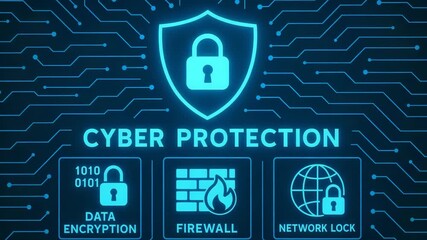 A modern illustration of cyber protection featuring a shield, encryption, firewall, and network security elements. - Powered by Adobe