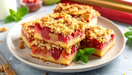 Delicious rhubarb crumble bars on a plate