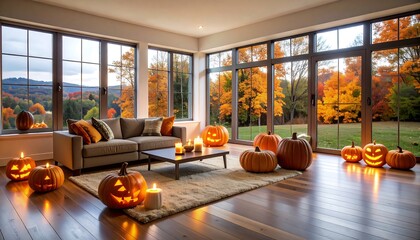Autumn Living Room Decorated for Halloween.
