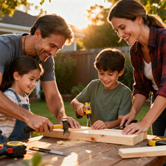 Golden Hour Skill-Building Parents and Children Collaborating on a Backyard Woodworking Project