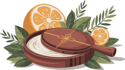 Colorful wooden bowl with citrus fruits and green leaves in a natural setting