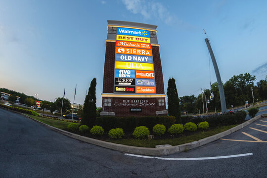 New Hartford, NY - Aug 8, 2025: Night fisheye view of New Hartford Consumer Square