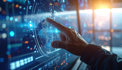 Digital Frontier: A hand interacts with a futuristic touchscreen interface, depicting intricate data visualizations and holographic displays, symbolizing innovation and technological advancement.