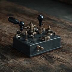 Vintage telegraph machine with brass components and black handles on a rustic wooden table.