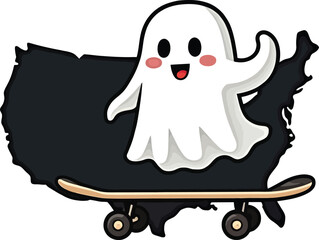 Cute ghost riding skateboard, funny spooky halloween character

