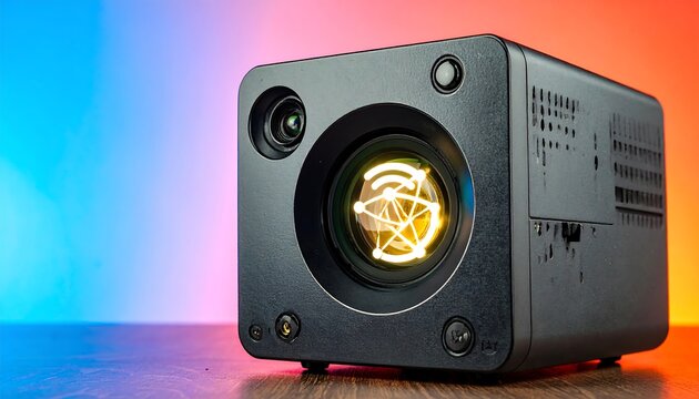 Modern box-shaped device with glowing circular element