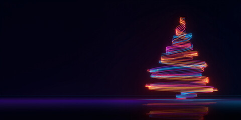 Futuristic neon Christmas tree made of glowing lines on a dark background. Abstract digital style. Unusual New Year's tree.