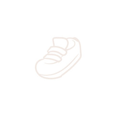 Simple white line art icon of a baby shoe.
