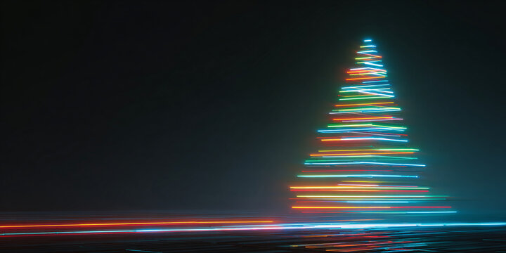 Futuristic neon Christmas tree made of glowing lines on a dark background. Abstract digital style. Unusual New Year's tree.